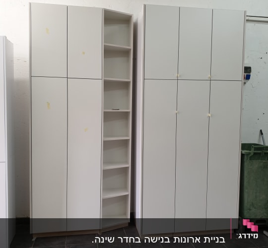 ארונות לבנים עם מדפים ודלתות סגורות